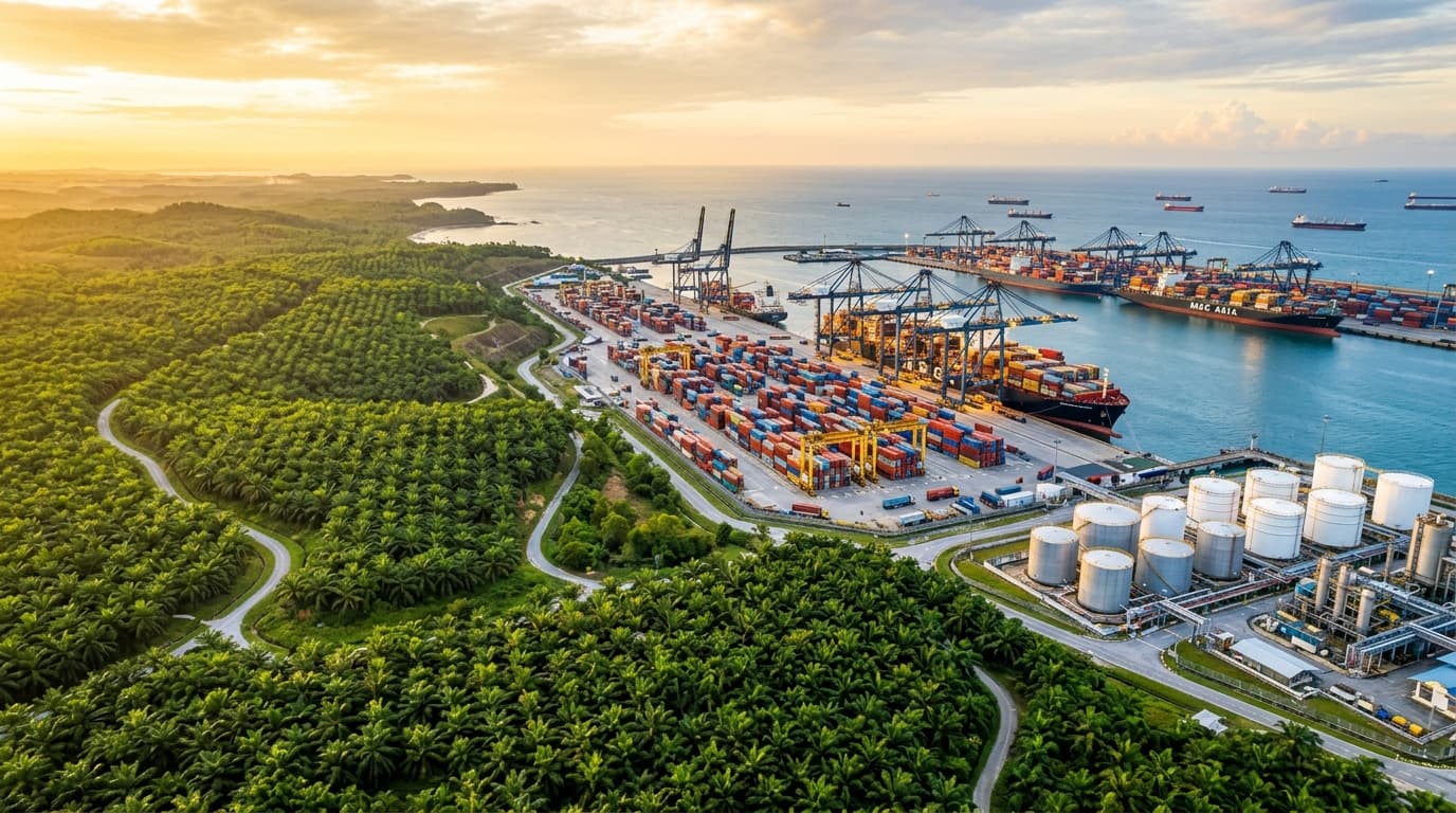 Malaysian oil palm plantation and deepwater export shipping port terminal