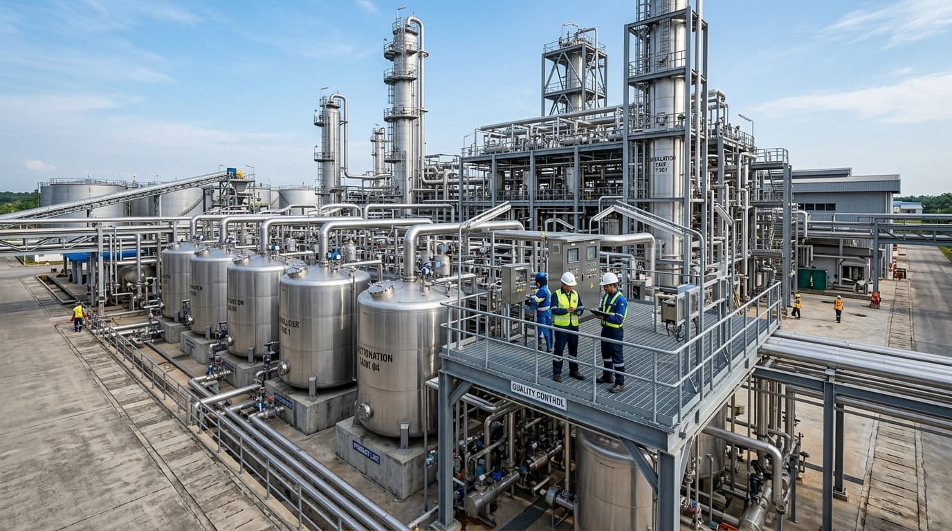 Industrial Malaysian palm oil refining and fractionation processing installation