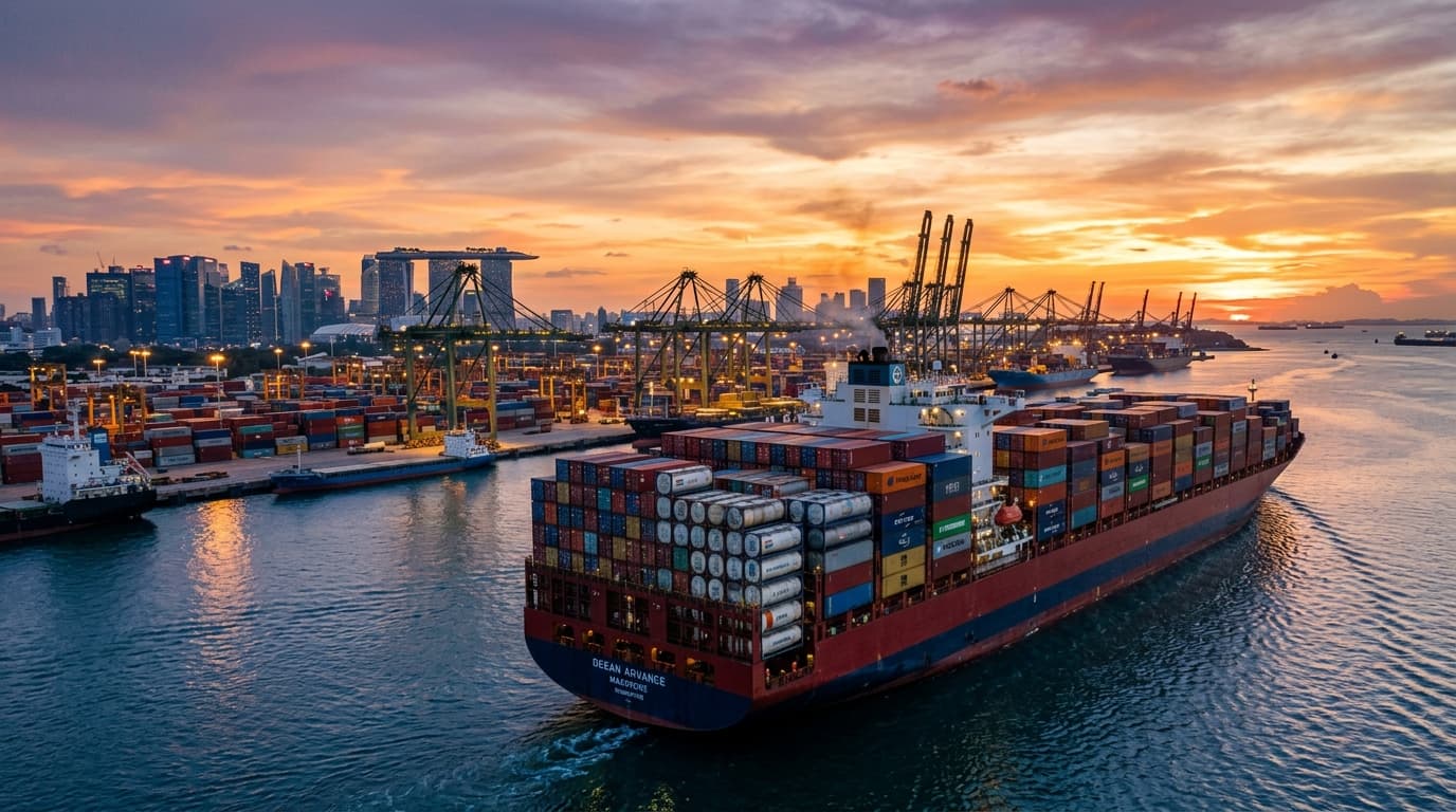 International ocean shipping container vessel at Malaysian deepwater port